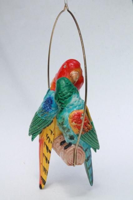 vintage hand painted ceramic pair of parrots hanging planter pot, love birds on swing