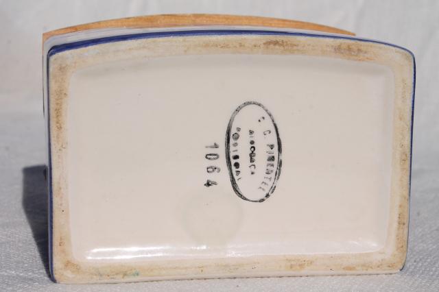 vintage hand painted ceramic salt box, blue & white plaid Alcobaca Portugal pottery
