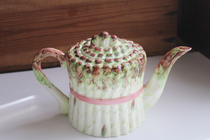 vintage hand painted ceramic teapot, majolica style bunch of asparagus french country kitchen decor