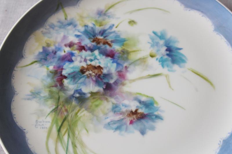 vintage hand painted china plate, blue cornflowers floral bachelors buttons