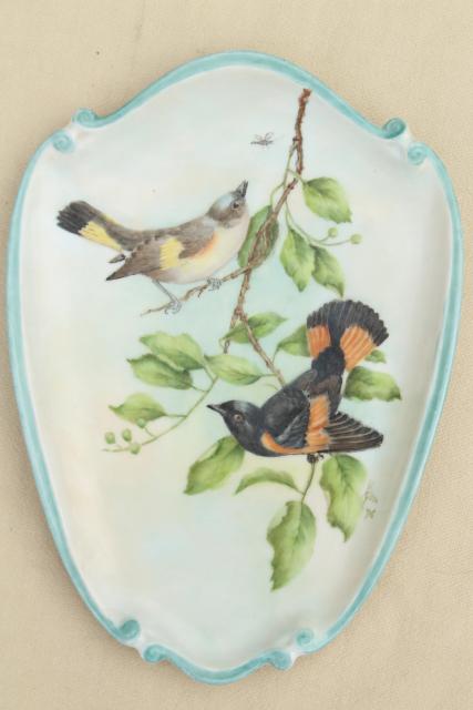 vintage hand painted china wall plaques, oriole and gold crest birds, garden songbirds