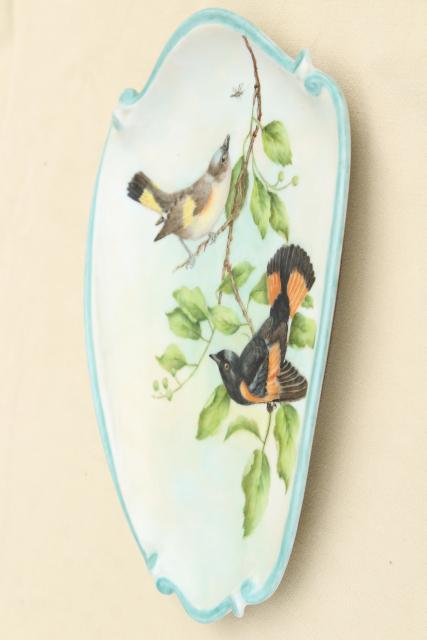 vintage hand painted china wall plaques, oriole and gold crest birds, garden songbirds