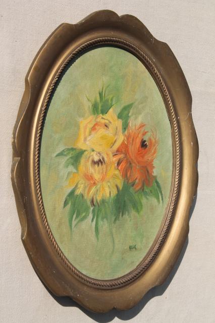 vintage hand painted floral still life, oval painting in frame, bohemian art bright flowers