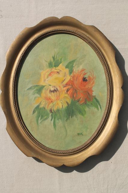 vintage hand painted floral still life, oval painting in frame, bohemian art bright flowers