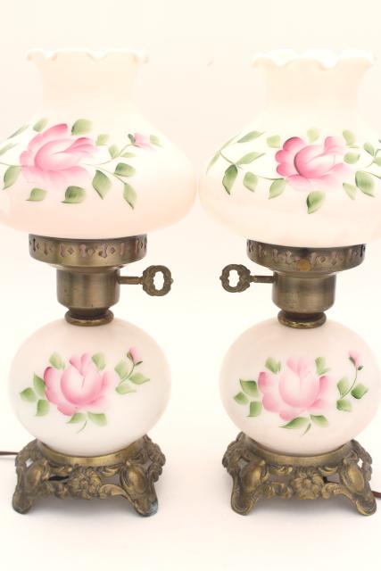 vintage hand painted milk glass lamps, pair little pink GWTW lamps w/ light up bases