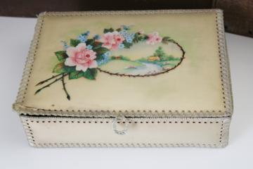 vintage hand painted paper dresser box, greeting card style candy box for gloves or hankies