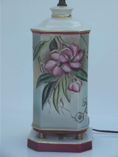 Vintage Hand Painted Porcelain Lamp W Pink Tropical Flowers 50s Retro