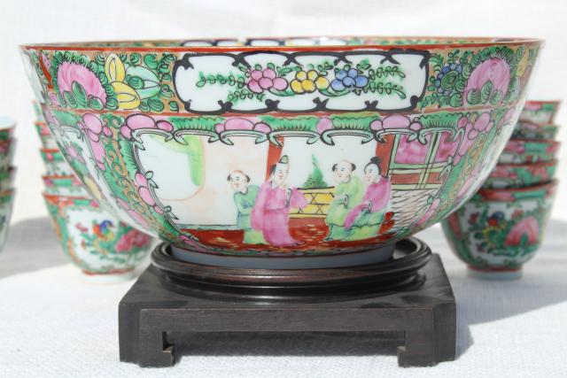 vintage hand painted porcelain punch bowl & cups, famille rose medallion Hong Kong china