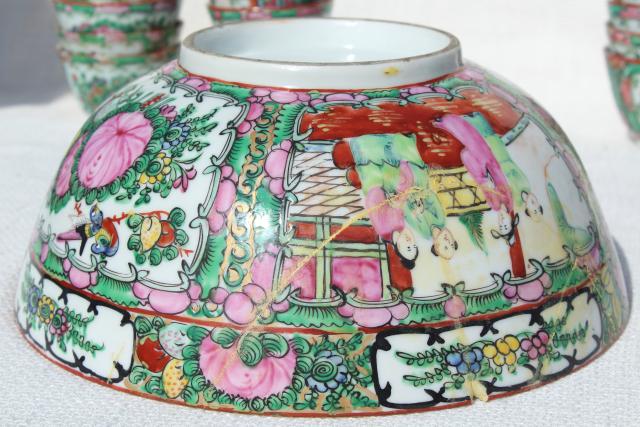 vintage hand painted porcelain punch bowl & cups, famille rose medallion Hong Kong china
