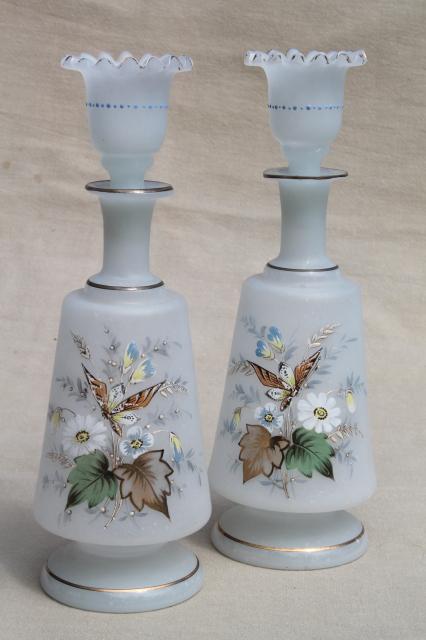 vintage hand painted translucent camphor glass vanity bottles & jar candle holders