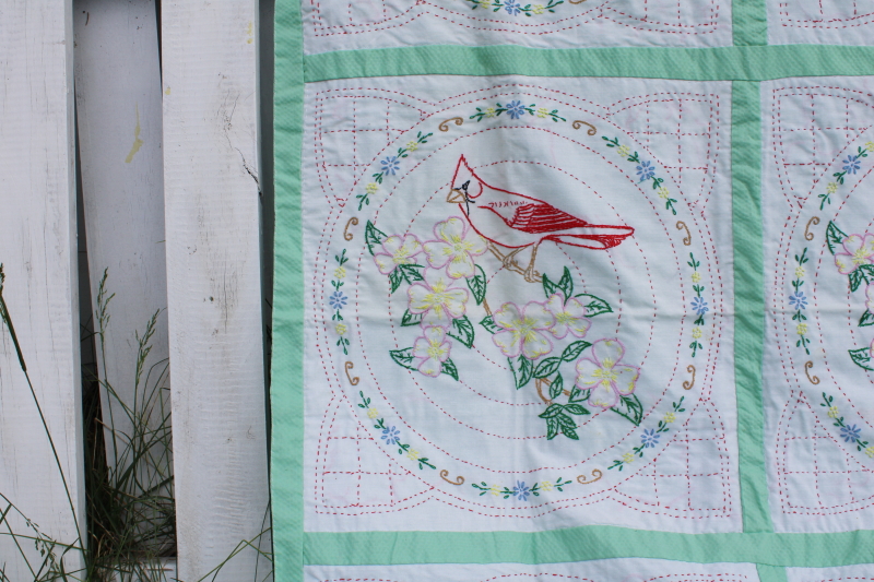 vintage hand stitched embroidered quilt blocks cardinal birds small cotton wall hanging