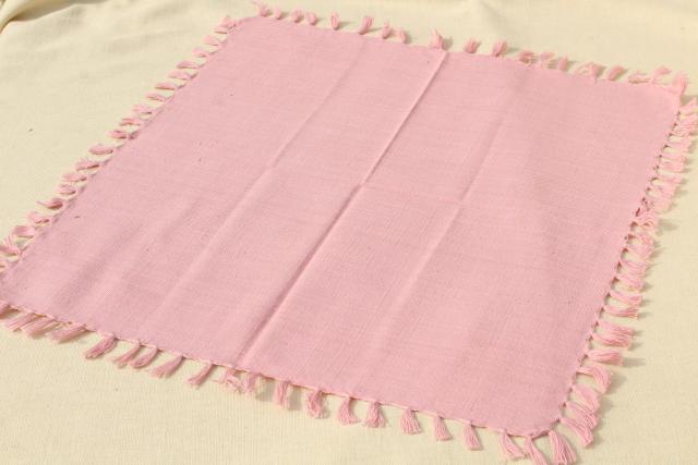 vintage hand woven cotton tablecloth & fringed napkins, country rose pink