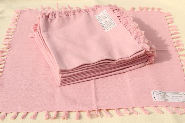 vintage hand woven cotton tablecloth & fringed napkins, country rose pink