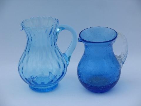 vintage hand-blown optic & crackle glass pitchers lot, shades of blue