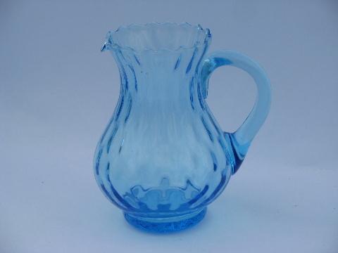 vintage hand-blown optic & crackle glass pitchers lot, shades of blue