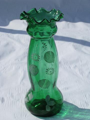 vintage hand-blown ruffle edge forest green glass vase, enamel painted flowers