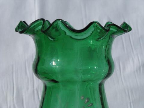 vintage hand-blown ruffle edge forest green glass vase, enamel painted flowers