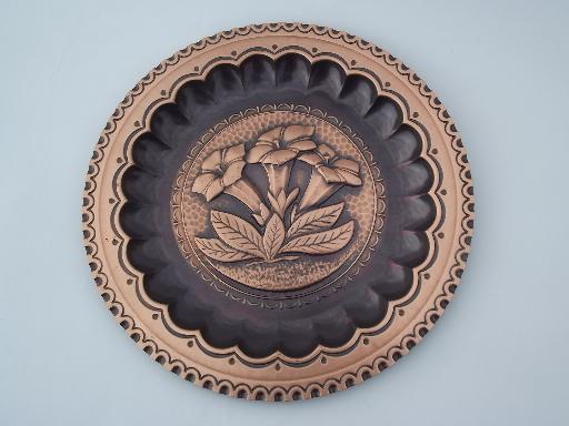 vintage handcrafted tooled wrought solid copper plate, Vicenza Italy