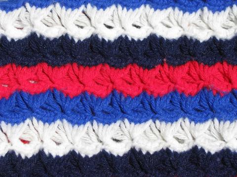 vintage hand-crocheted afghan, retro 70s red, white and blue stripes