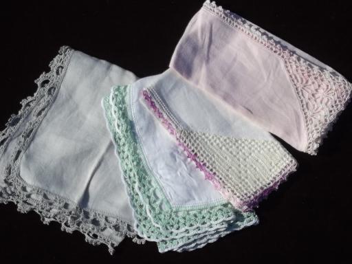 vintage handkerchiefs lot, cotton crochet lace hankies in pastel colors