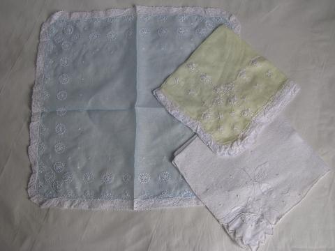 vintage handkerchiefs lot, cotton lace trimmed hankies in white, pastel colors