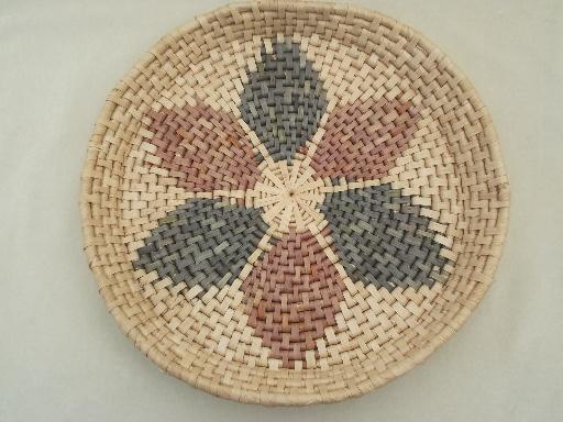 vintage handmade baskets, lot of coiled basket bowls and trays