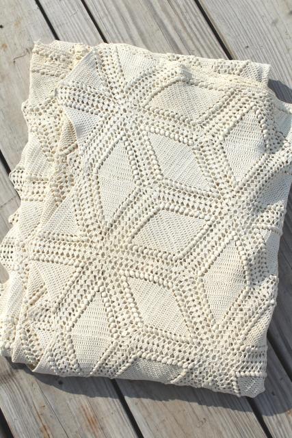 vintage handmade crochet bedspread, tumbling blocks ivory white lace shabby cottage chic
