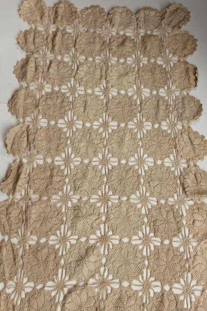 vintage handmade crochet lace table runner, ecru cotton w/ lacy spider web motifs