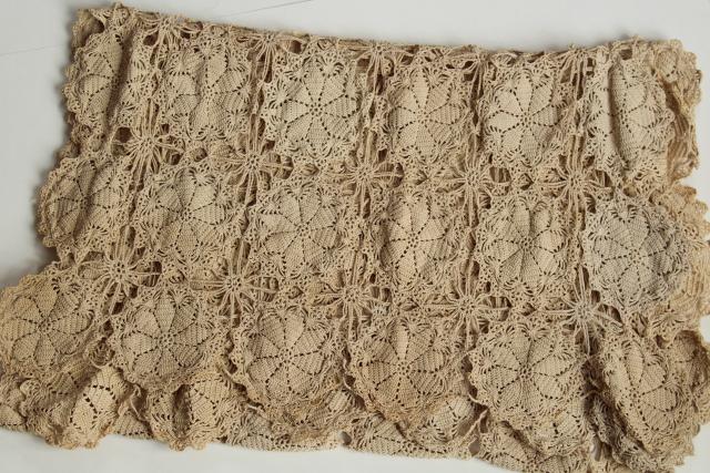 vintage handmade crochet lace table runner, ecru cotton w/ lacy spider web motifs