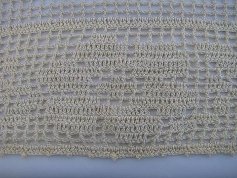 vintage handmade crocheted lace bay window curtain, filet crochet roses and butterflies