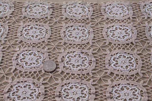 vintage handmade lace table runner or dresser scarf, white crochet lace flowers on ecru