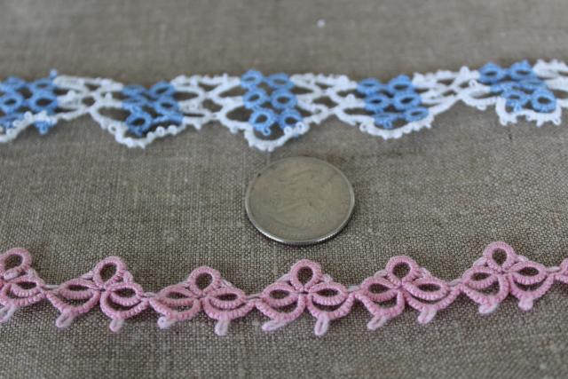 vintage handmade tatted lace edgings, pink, blue & white cotton thread lace tatting