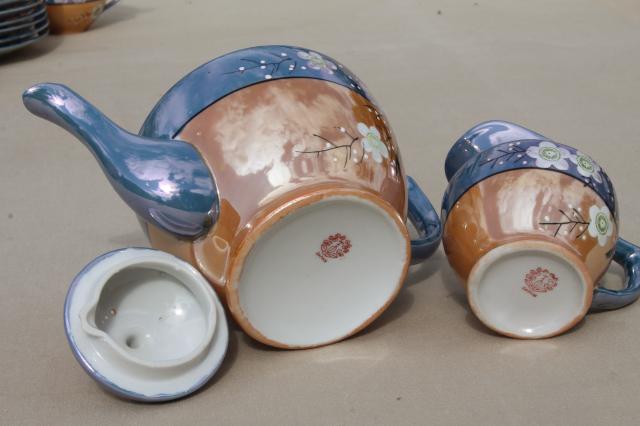 vintage hand-painted Japan cherry / plum blossom porcelain tea set, pot, cups & saucers, plates