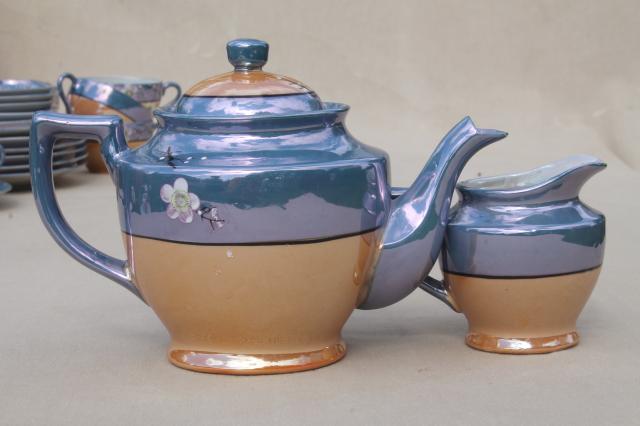 vintage hand-painted Japan cherry / plum blossom porcelain tea set, pot, cups & saucers, plates