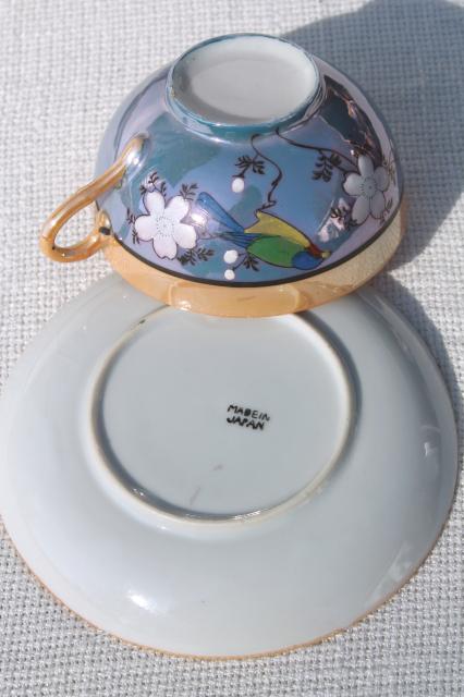 vintage hand-painted Japan porcelain tea set, pot, cups & saucers, plates w/ parrots