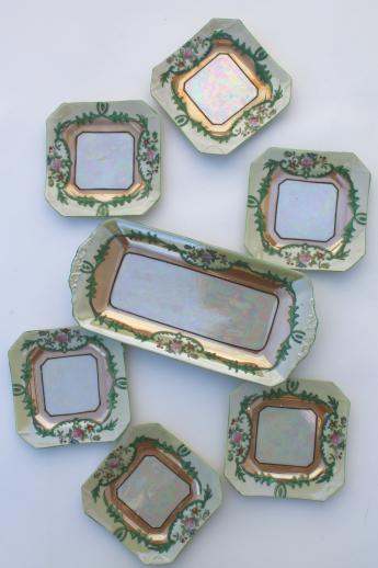 vintage hand-painted china dessert set, long torte plate tray & square cake plates Made in Japan 