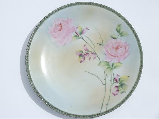 vintage hand-painted china plates & bowl, pink roses floral painted porcelain