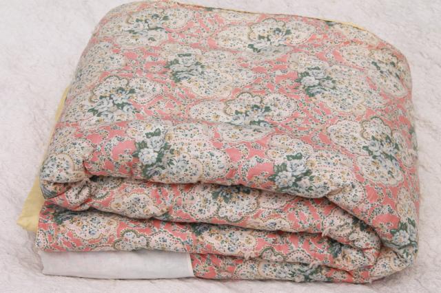 vintage hand-tied quilt comforter, shabby chic floral puffy wool filled eiderdown