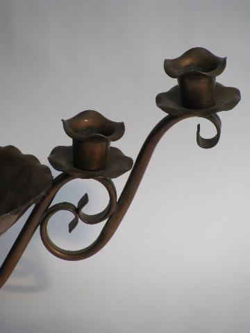 vintage hand-wrought hammered copper candelabra flower bowl