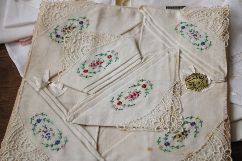 vintage hankies lot, 40 cotton handkerchiefs w/ Swiss embroidery, many never used