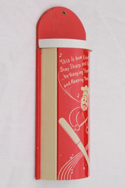vintage happy chef kitchen knife holder, retro red & white wall mount rack for knives