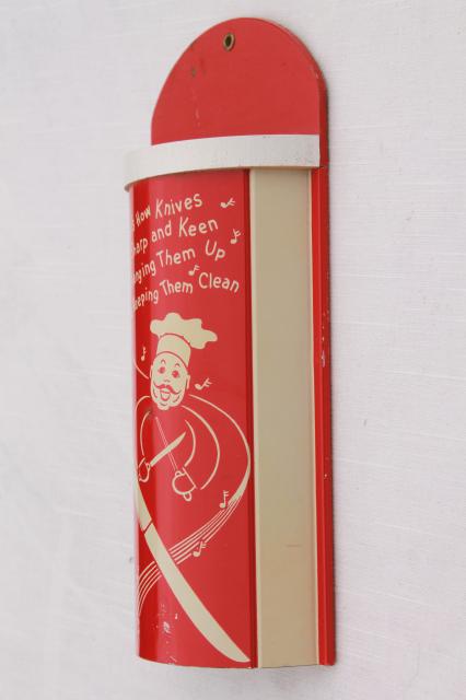 vintage happy chef kitchen knife holder, retro red & white wall mount rack for knives