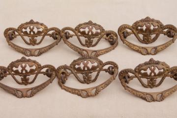 vintage hardware lot, ornate antique brass drawer pull handles set of six pulls