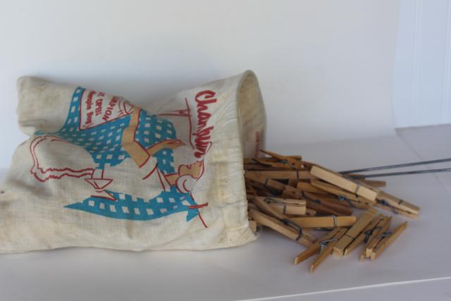 vintage hardwood clothespins in Champion housewife print graphics bag for laundry room clothes line