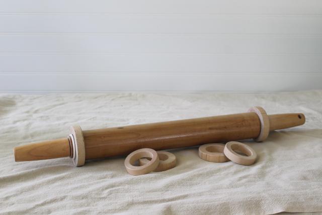 vintage hardwood rolling pin for pastry & pasta, adjustable thickness removable rings