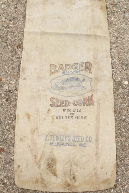 vintage heavy cotton grain sack, striped feed bag Wisconsin Badger brand seeds advertising
