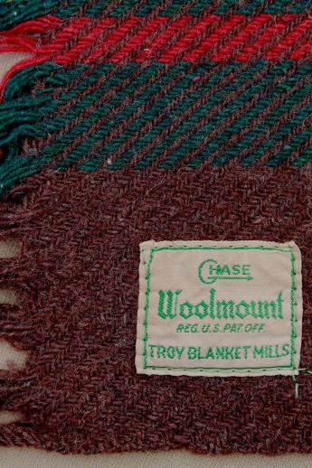 vintage heavy plaid wool camp blanket w/ old Chase label, Troy Blanket Mills