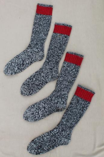 vintage heavy wool boot socks, primitive stockings long grey wool socks w/ red tops