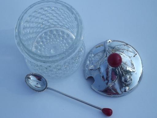 vintage hobnail clear glass jam pot, preserve jar w/ spoon and chrome lid