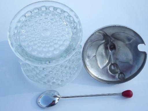 vintage hobnail clear glass jam pot, preserve jar w/ spoon and chrome lid